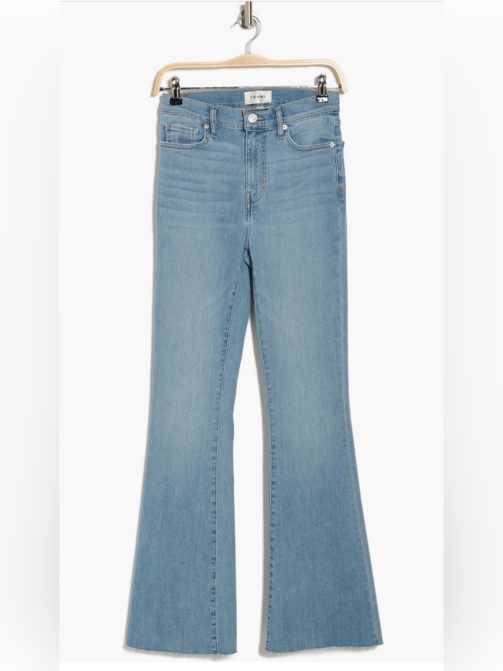 Frame Le Easy Raw Hem Light Blue High-Rise Flare Jeans Size 28
31” inseam 
NWOT
